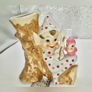 MCM Polkadot Pixie Figurine 1950's Japan Elf with Banjo & Pink Bird by THAMES